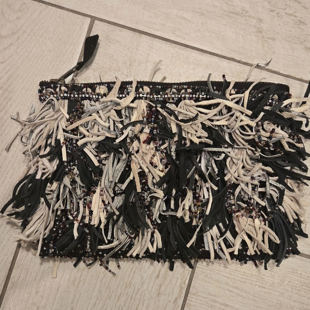 Fringe Clutch with Black and Cream Accents